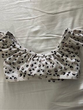 Jessica Simpson Girls Leopard Ruffle Swim Crop Top - White/Black/Taupe